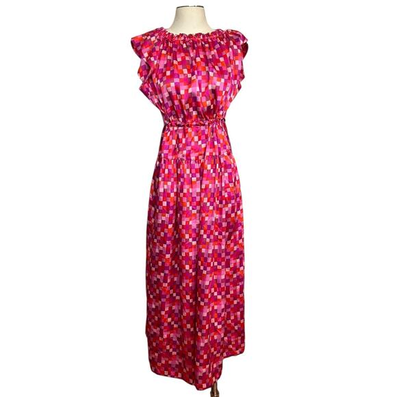 Dovima Paris Pink Checkered 100% Silk Ruffle Sleeve Tie Waist Maxi Dress L - Picture 2 of 7